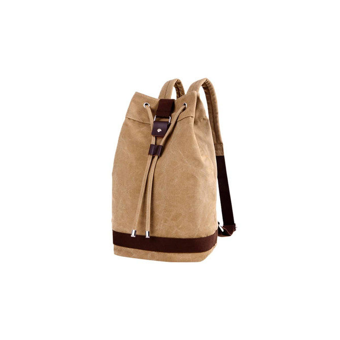 A tan canvas bucket backpack with brown accents and adjustable straps. It features a drawstring closure and logo.