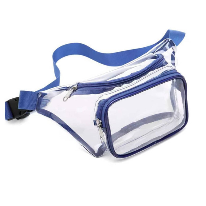 A clear fanny pack with blue zippers and a blue adjustable strap. It has one main compartment and a front pocket.