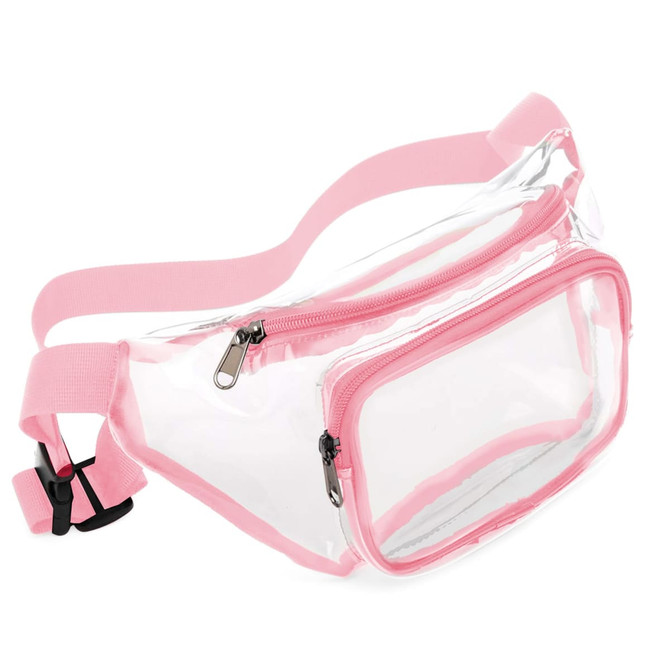A clear fanny pack with pink accents, featuring a zippered compartment and an adjustable strap.