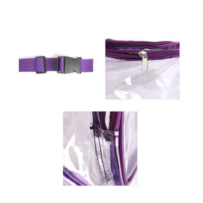 A clear fanny pack in transparency with purple accents, featuring a zipper and adjustable buckle.