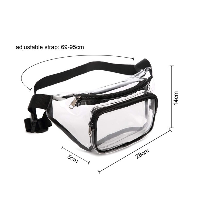 A clear fanny pack with a black zipper and adjustable strap, measuring 28cm by 14cm.