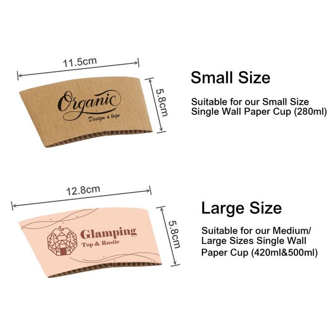 Two brown paper cup sleeves, one marked 'Small Size' and one 'Large Size', each with unique designs and dimensions.
