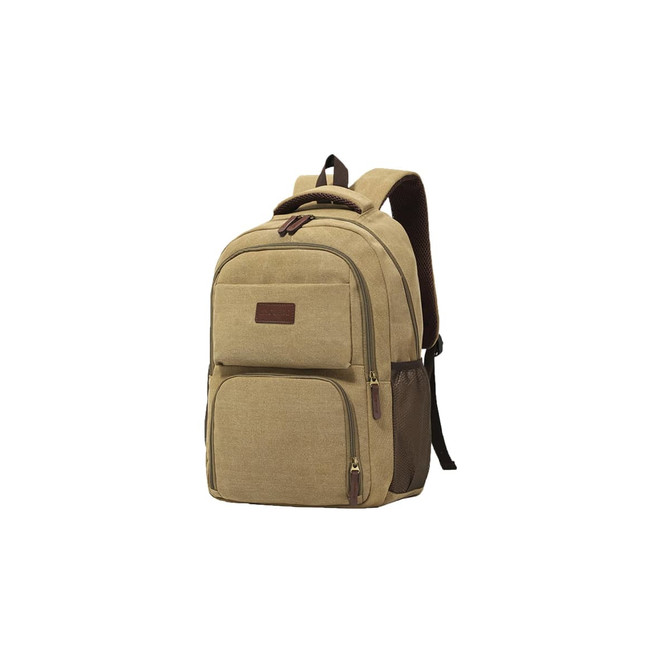 A tan canvas laptop backpack with various compartments and a logo, featuring padded shoulder straps for comfort.