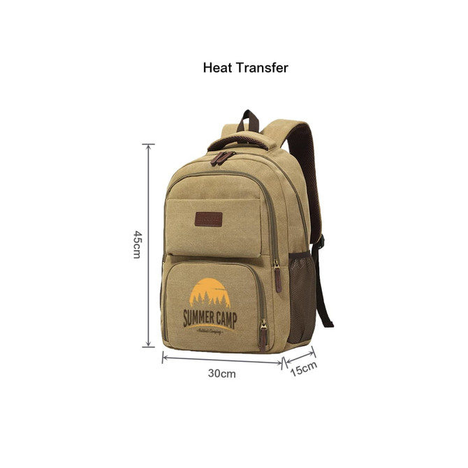 A canvas laptop backpack in beige with brown accents, featuring a logo and multiple compartments.