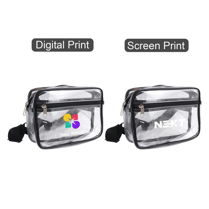 A clear fanny pack with a black strap, featuring two zippered compartments and space for logo printing.