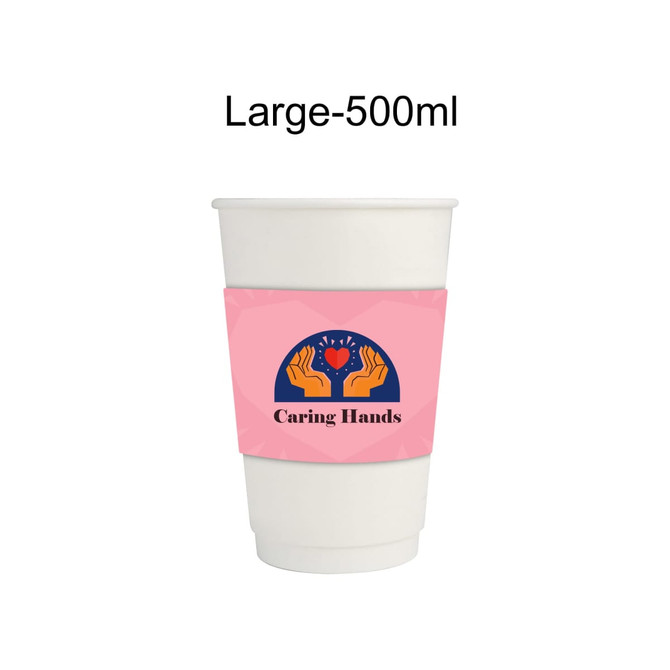 A large, white paper cup with a pink sleeve featuring a design of hands and a heart. Contains promotional branding.