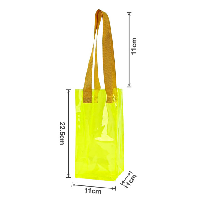 A transparent yellow jelly wine ice bag with yellow straps, featuring dimensions of 22.5 cm by 11 cm by 11 cm.