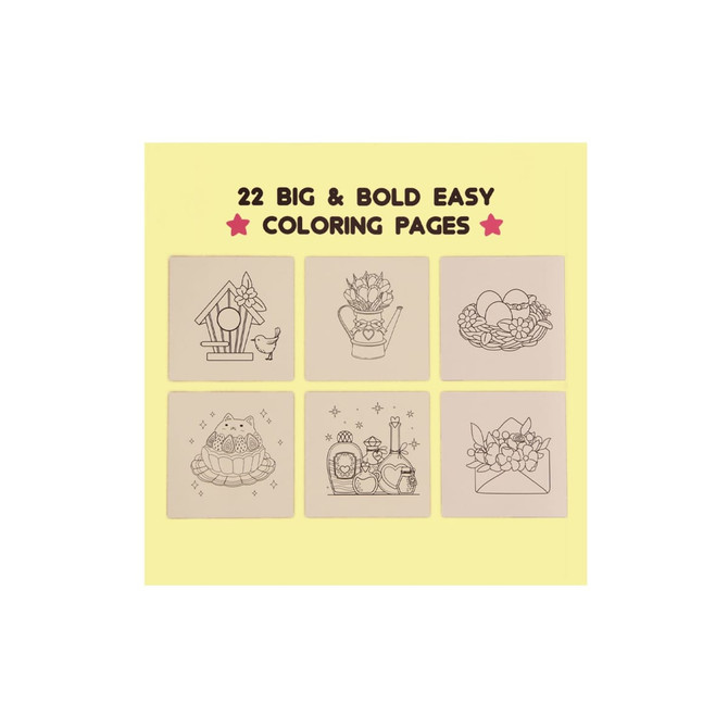 A collection of six simple colouring pages featuring a birdhouse, watering can, egg basket, frog, candles, and flowers.