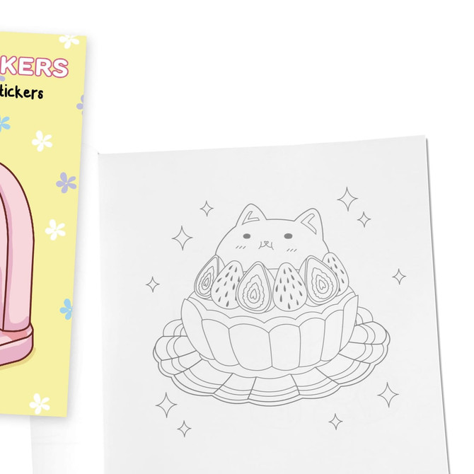 A pink drink bottle next to a white page featuring a black and white outline drawing of a cute dessert.
