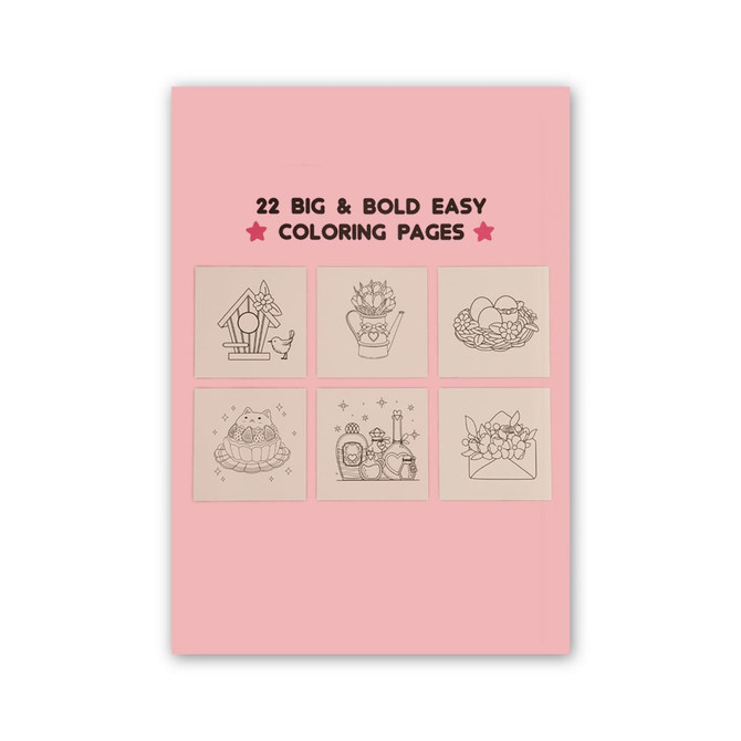 A5 custom colouring book on a pink background, featuring 22 bold and easy colouring pages with various designs.