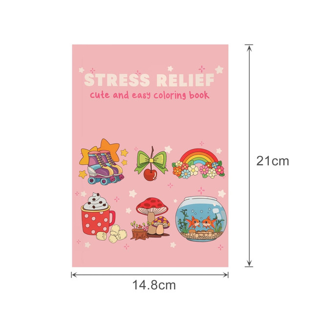 A5 custom colouring book with a pink cover featuring vibrant illustrations of skates, a rainbow, a fishbowl, and more.