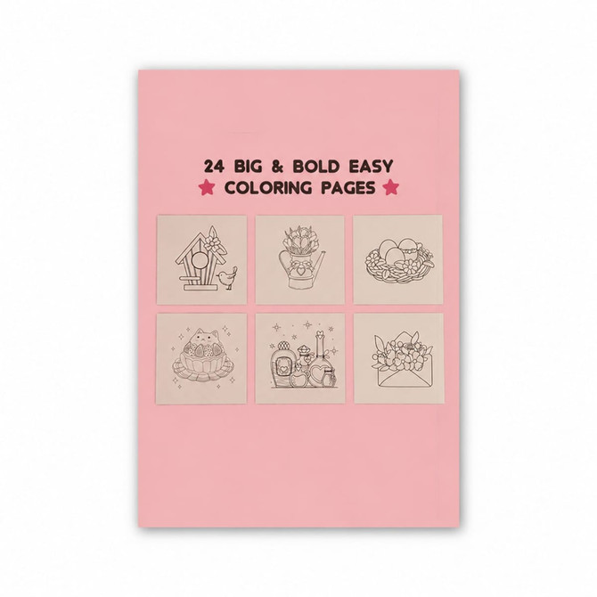 A5 custom colouring book on a pink cover featuring six outlined designs for colouring. Includes bold illustrations.