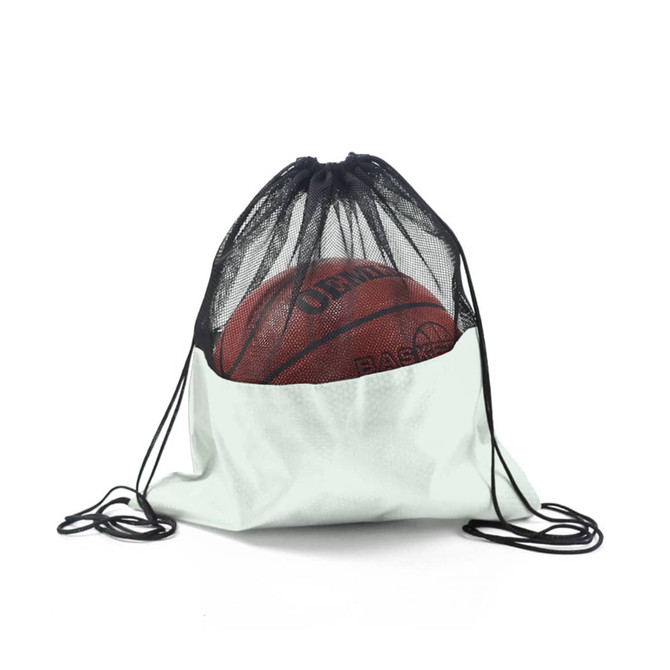 A drawstring mesh backpack in white with a black top, holding a basketball inside. It has a logo.