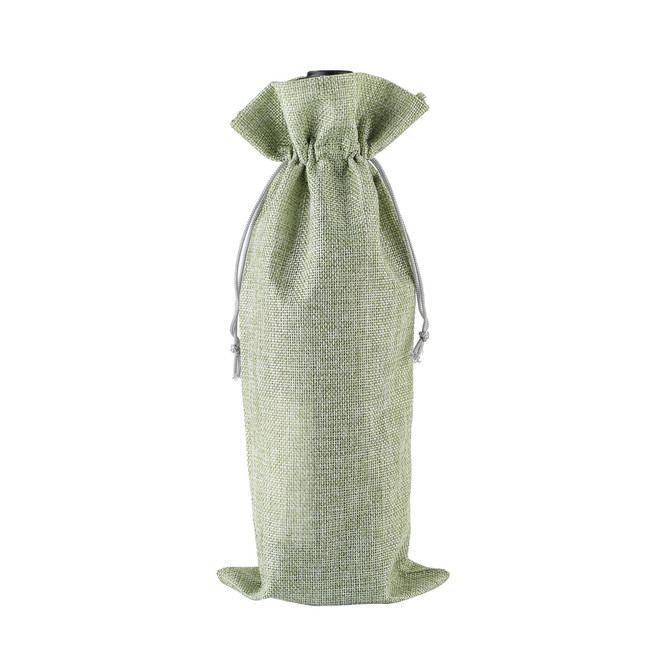 A green wine drawstring bag made from textured material, featuring a cinched top and a simple design.