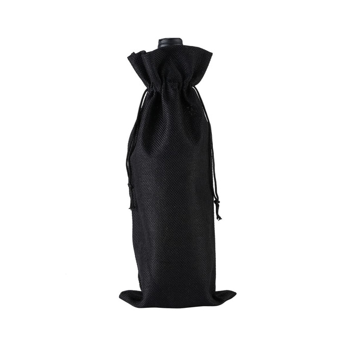 A wine drawstring bag in black, made of textured material, featuring a cinched closure and a small logo.