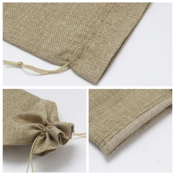 A drawstring bag in a natural beige colour, featuring a textured fabric and a simple closure. It has a logo.