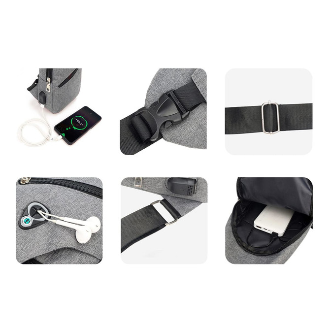 A grey travel sling chest bag with a buckle, phone, earbuds, and an interior pocket for small items.