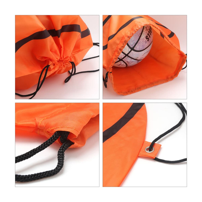An orange ball-shaped drawstring backpack with black stripes and a textured inner lining. It has a logo.