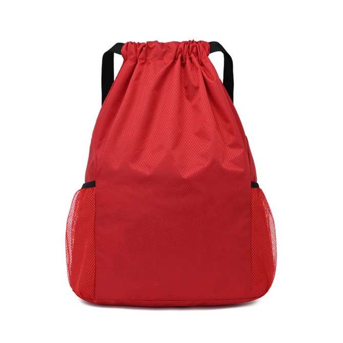 A red drawstring backpack featuring mesh side pockets and a central compartment, with black straps and logo.