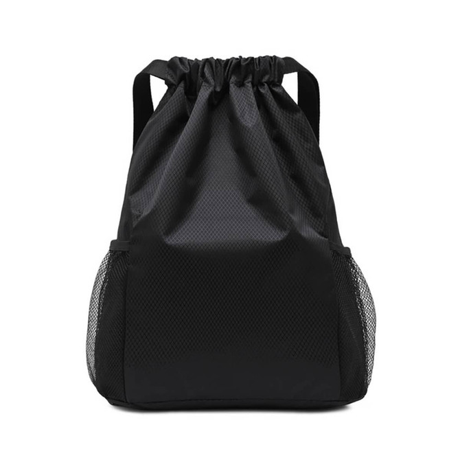 A black fitness drawstring backpack with mesh side pockets and a gathered top. Features a logo.