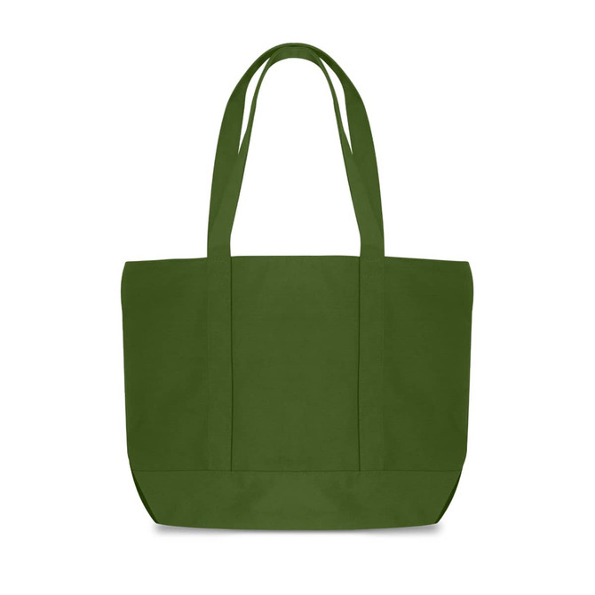 A green canvas zippered tote shoulder bag with two handles and a spacious design. Features a logo on the front.
