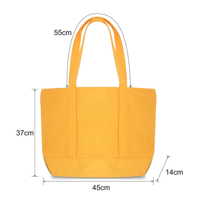 A yellow canvas zippered tote shoulder bag with dimensions of 55cm x 45cm x 14cm. Features sturdy handles and a logo.