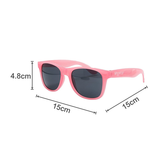 Pink sunglasses with dark lenses, featuring a logo, measuring 15cm wide and 4.8cm high.