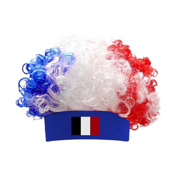 A curly headband wig featuring red, white, and blue colours, with a branding logo on the band.
