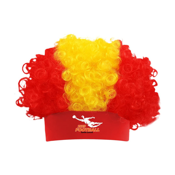 A red and yellow curly headband wig with a branding logo.
