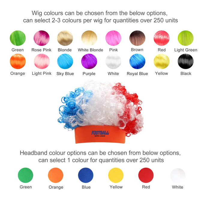 A multi-coloured wig with curly hair in red, white, and blue, paired with an orange headband.