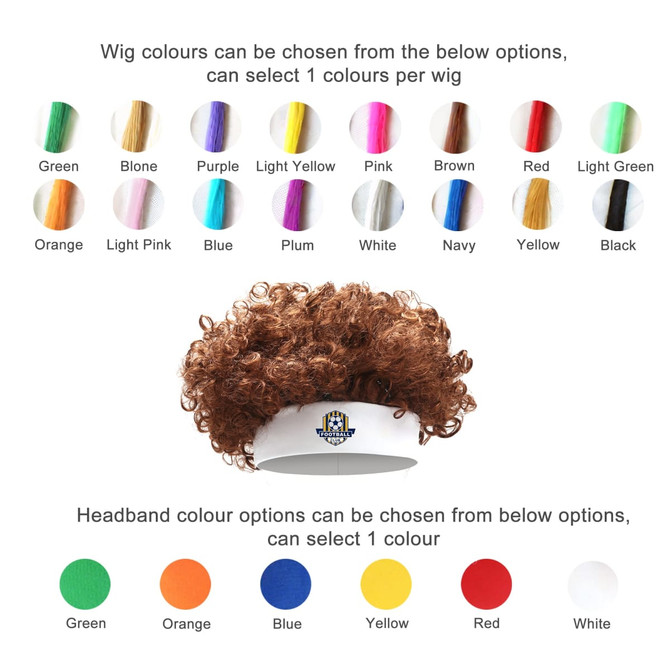 A curly afro headband wig in various colour options, featuring a white headband with a logo.