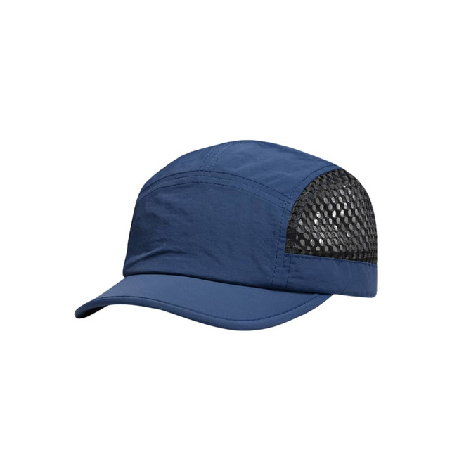 A blue short brimmed running cap with a mesh back and a curved visor, featuring a logo on the side.