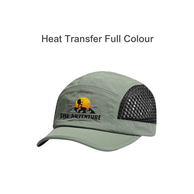 A short brimmed mesh running cap in olive green with black mesh panels and a logo on the front.