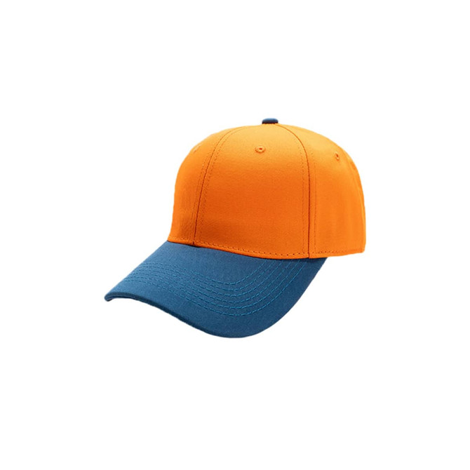 A 6 panel adjustable baseball cap in bright orange and blue, featuring a logo on the front.