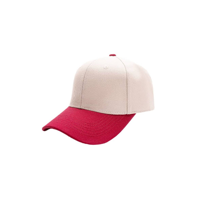 A 6-panel adjustable baseball cap in beige with a red peak, featuring a branding logo on the front.