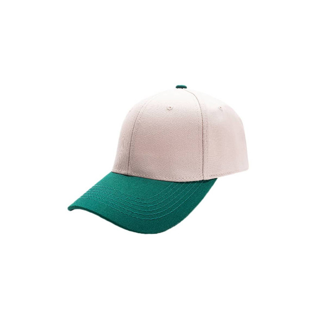 A 6 panel adjustable baseball cap with a cream crown and a green visor. Features a logo on the front.