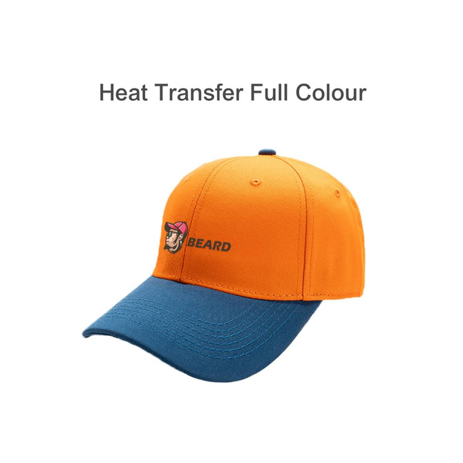 A 6 panel adjustable baseball cap in orange and blue, featuring a logo on the front.