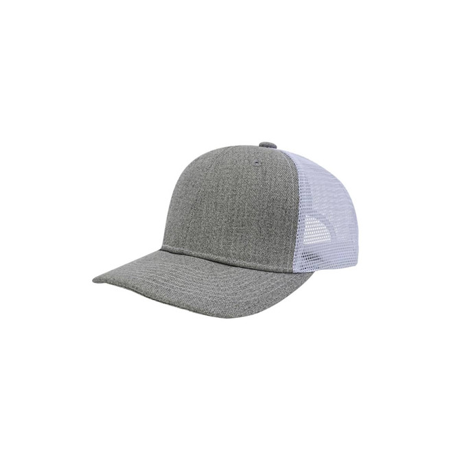A grey trucker hat with a mesh back and curved visor. Features a logo on the front.