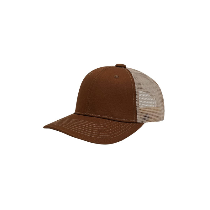 A brown trucker hat featuring a mesh back and a curved peak. The hat has stitching details and a logo on the front.
