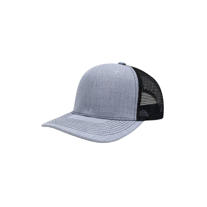 A grey mesh back trucker hat with a solid front and black mesh panels at the back.