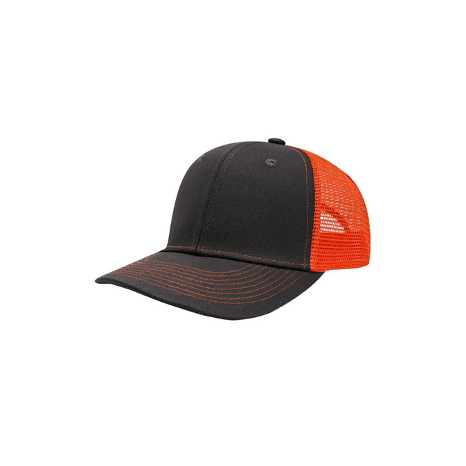 A mesh back trucker hat featuring a black front and orange mesh sides with contrast stitching.