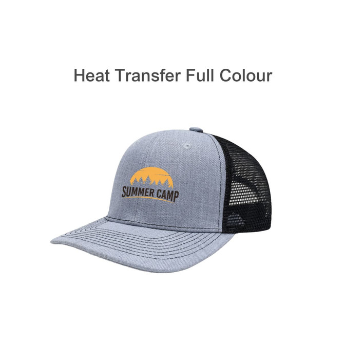 A grey mesh back trucker hat features a logo on the front and a black mesh panel at the back.
