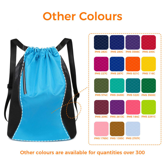 A sports drawstring backpack in a blue mesh fabric with black accents, featuring various colour options.
