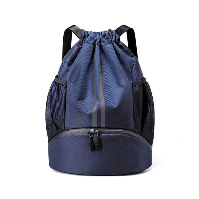 A navy drawstring backpack with a textured finish, featuring a zippered compartment and side mesh pockets.