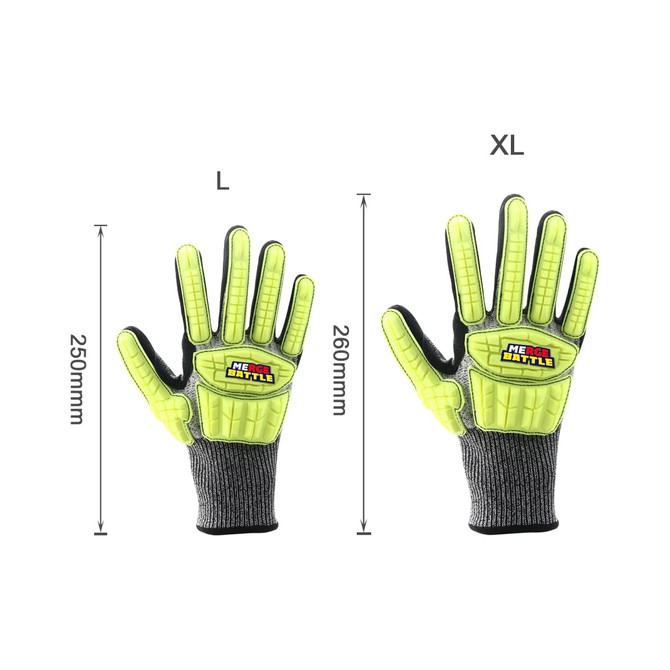 Heavy duty safety work gloves in high visibility yellow with grey detailing, displayed in large and extra-large sizes.