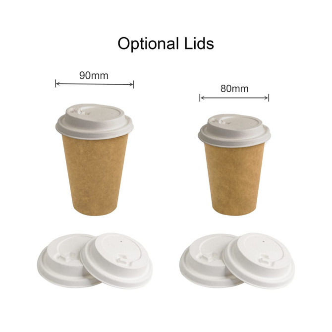 Kraft paper cups in brown with white optional lids, featuring two different sizes indicated by measurements.