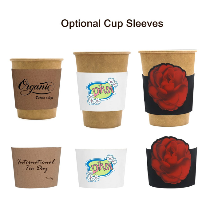 A set of kraft paper cups in brown with various colourful optional cup sleeves, featuring floral and graphic designs.