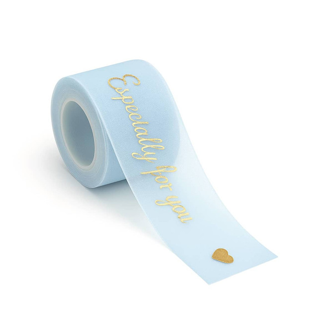 A roll of light blue organza ribbon with the phrase "Especially for you" and a gold heart design.