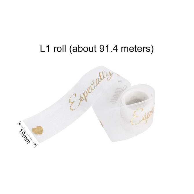 A roll of organza ribbon in white with gold lettering and a heart design, approximately 91.4 meters long and 19mm wide.