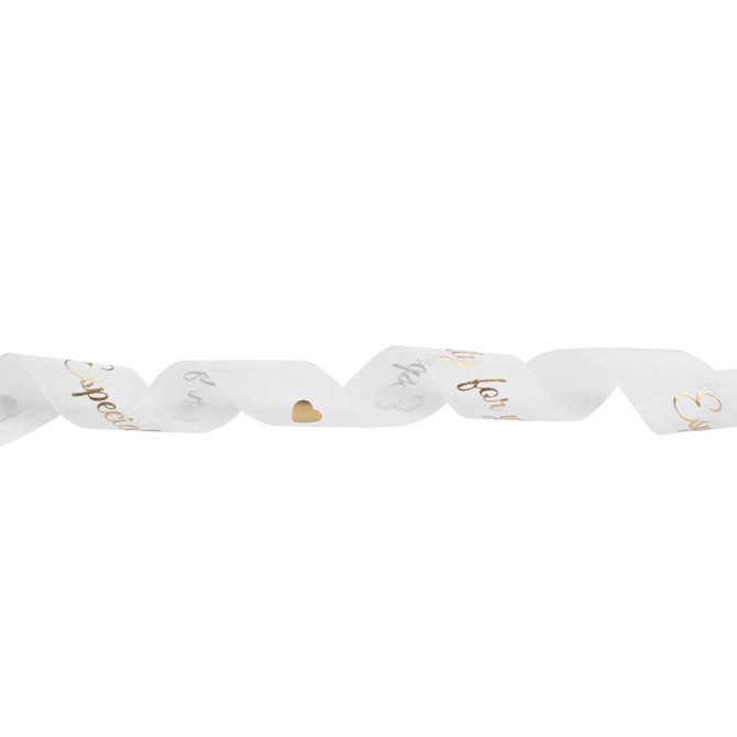 A roll of white organza ribbon with gold lettering and hearts, featuring a delicate, sheer texture.